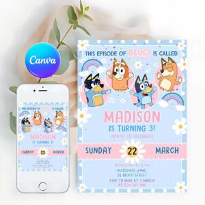 Bluey Invitation, Bluey Party Birthday Invitation, 3rd Bluey Party Invitation, Cute Bluey Girl Party