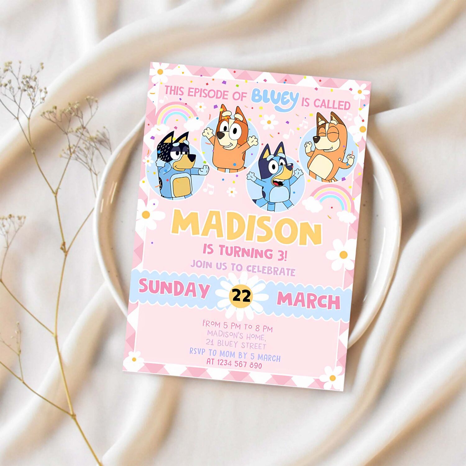 Bluey party birthday invitation bluey pink yellow girl 3rd party birthday invitation bluey party invitation 1