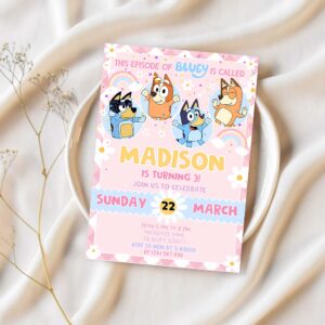 Bluey party birthday invitation bluey pink yellow girl 3rd party birthday invitation bluey party invitation 1