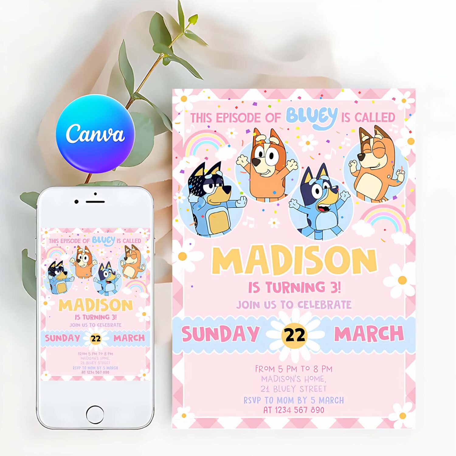 Bluey party birthday invitation bluey pink yellow girl 3rd party birthday invitation bluey party invitation