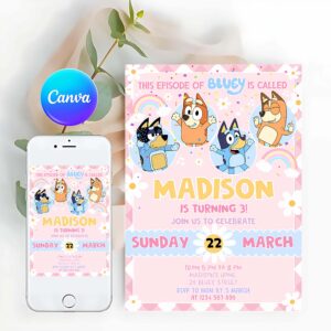 Bluey Invitation, Bluey Party Birthday Invitation, Bluey Pink Yellow Girl 3rd Party Birthday Invitation, Bluey Party Invitation