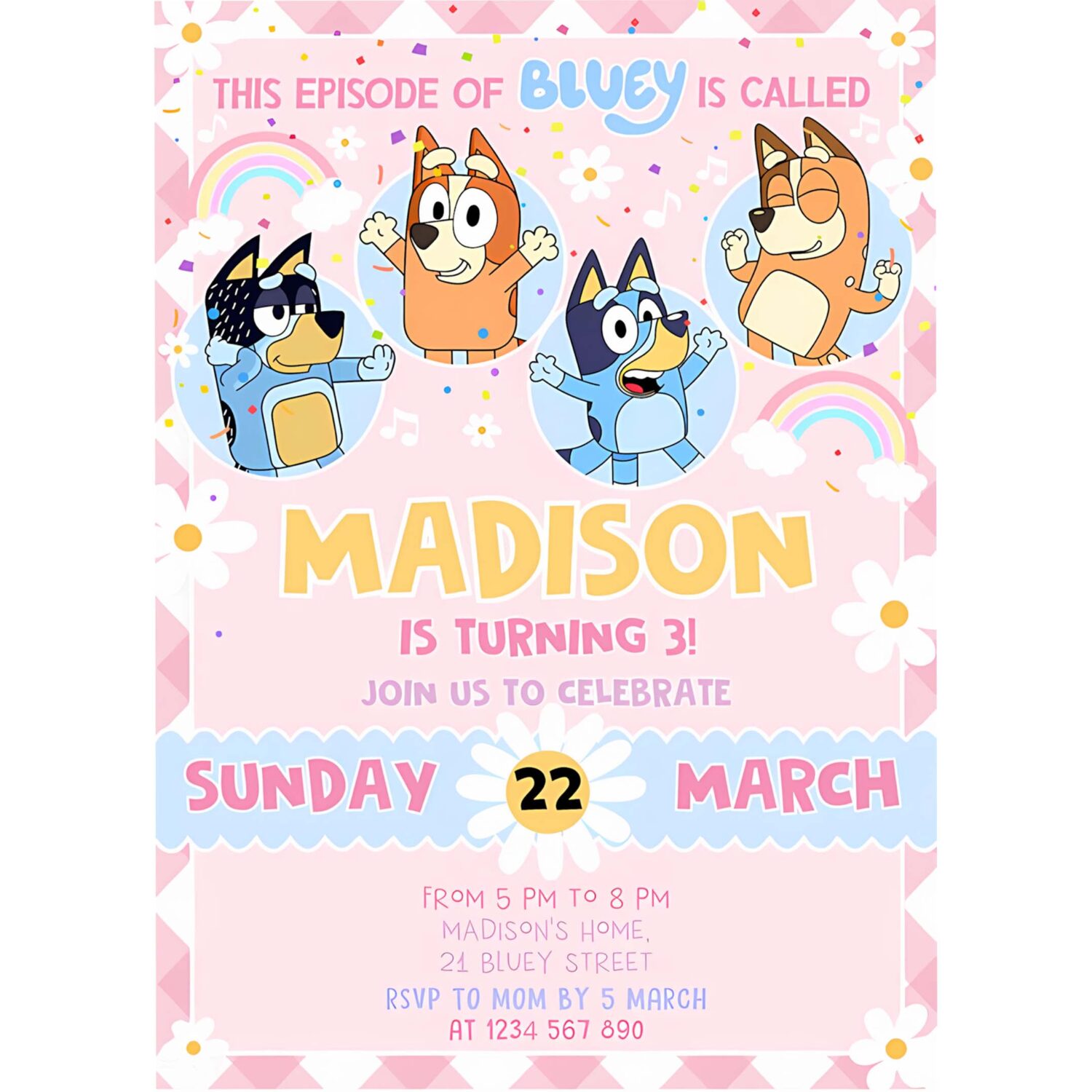 Bluey party birthday invitation bluey pink yellow girl 3rd party birthday invitation bluey party invitation 4