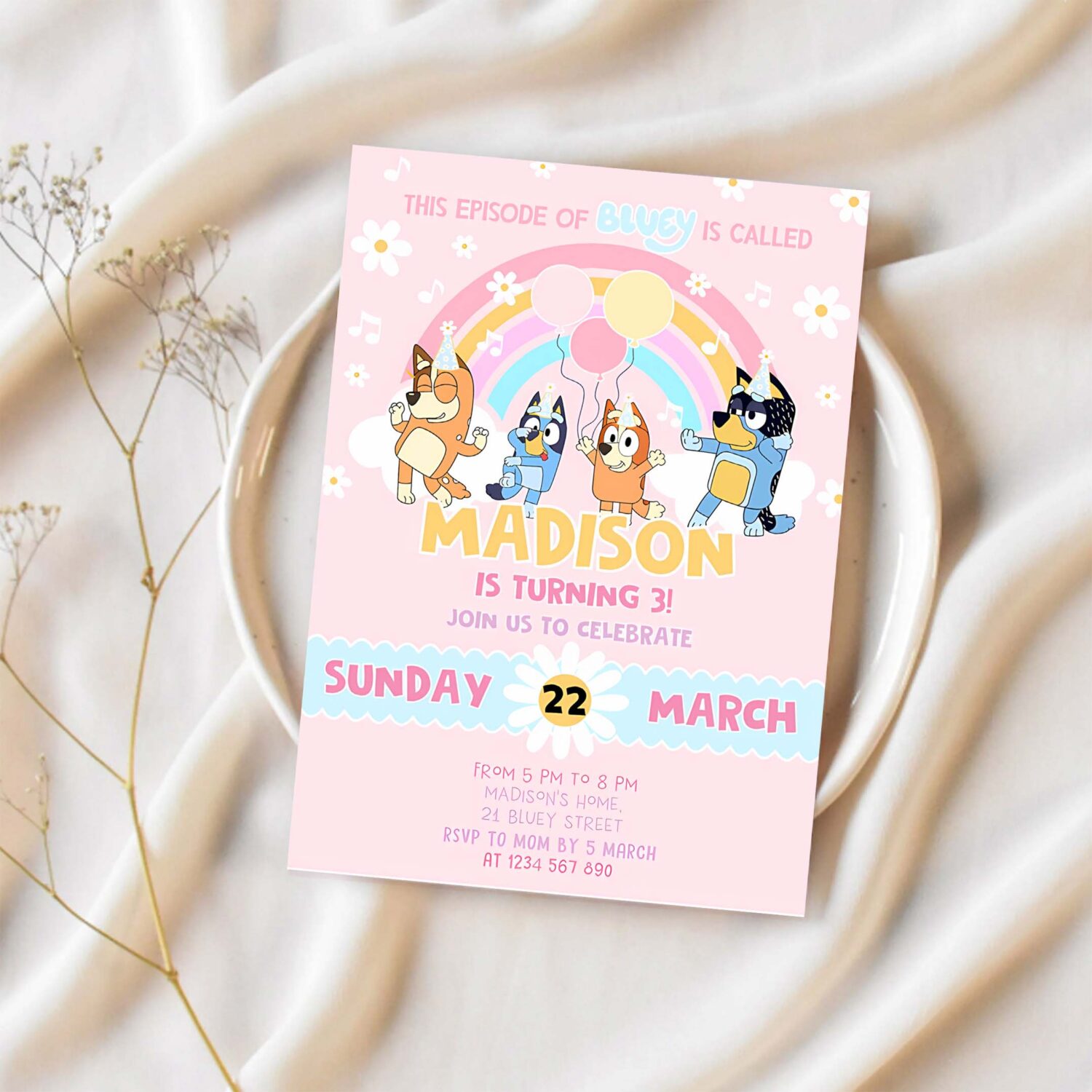 Bluey party invites bluey pink yellow girl 3rd party birthday invitation bluey party invitation 1
