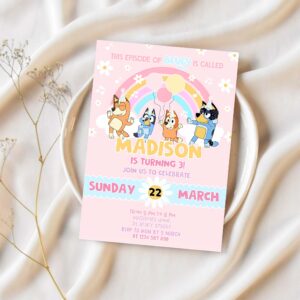 Bluey party invites bluey pink yellow girl 3rd party birthday invitation bluey party invitation 1