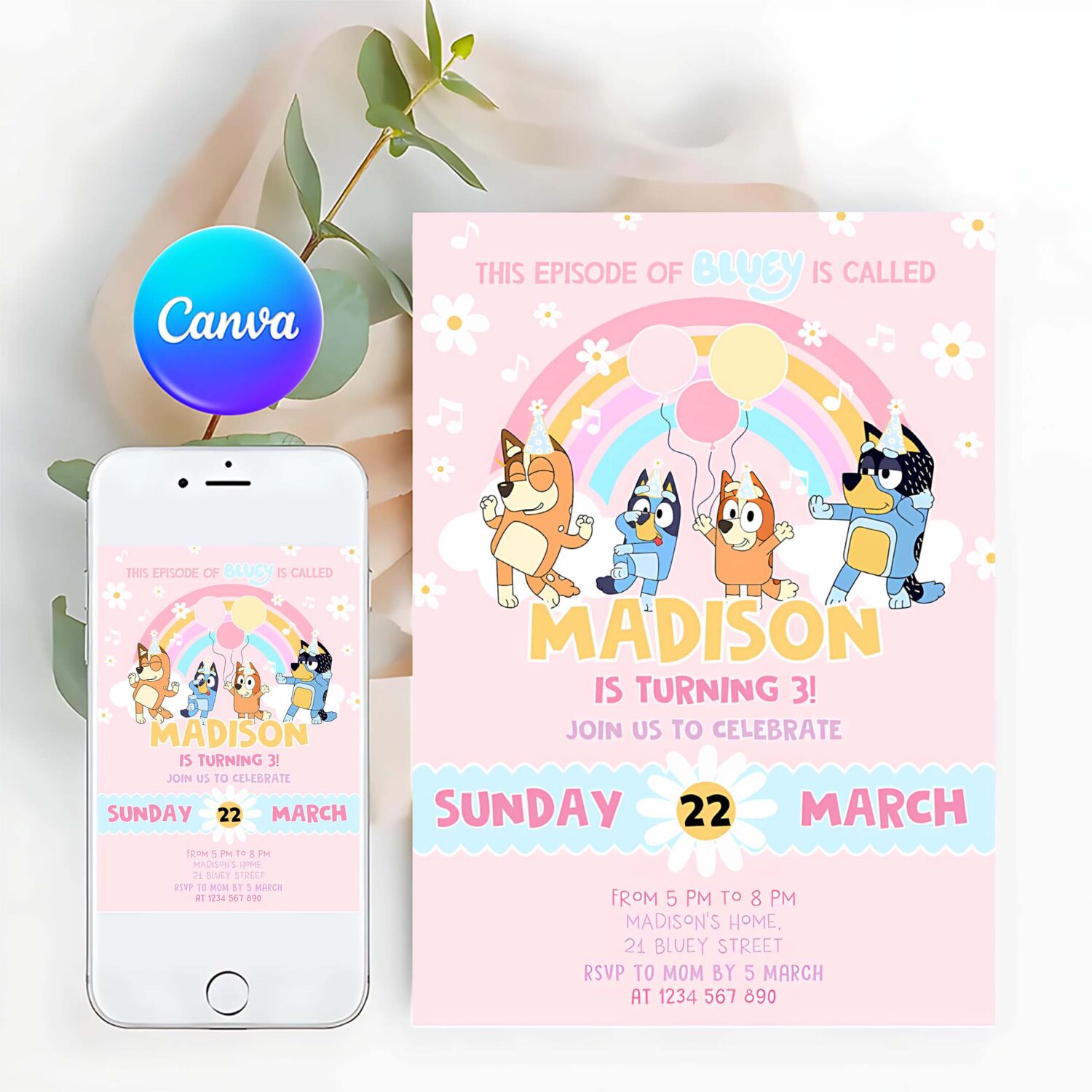 Bluey party invites bluey pink yellow girl 3rd party birthday invitation bluey party invitation