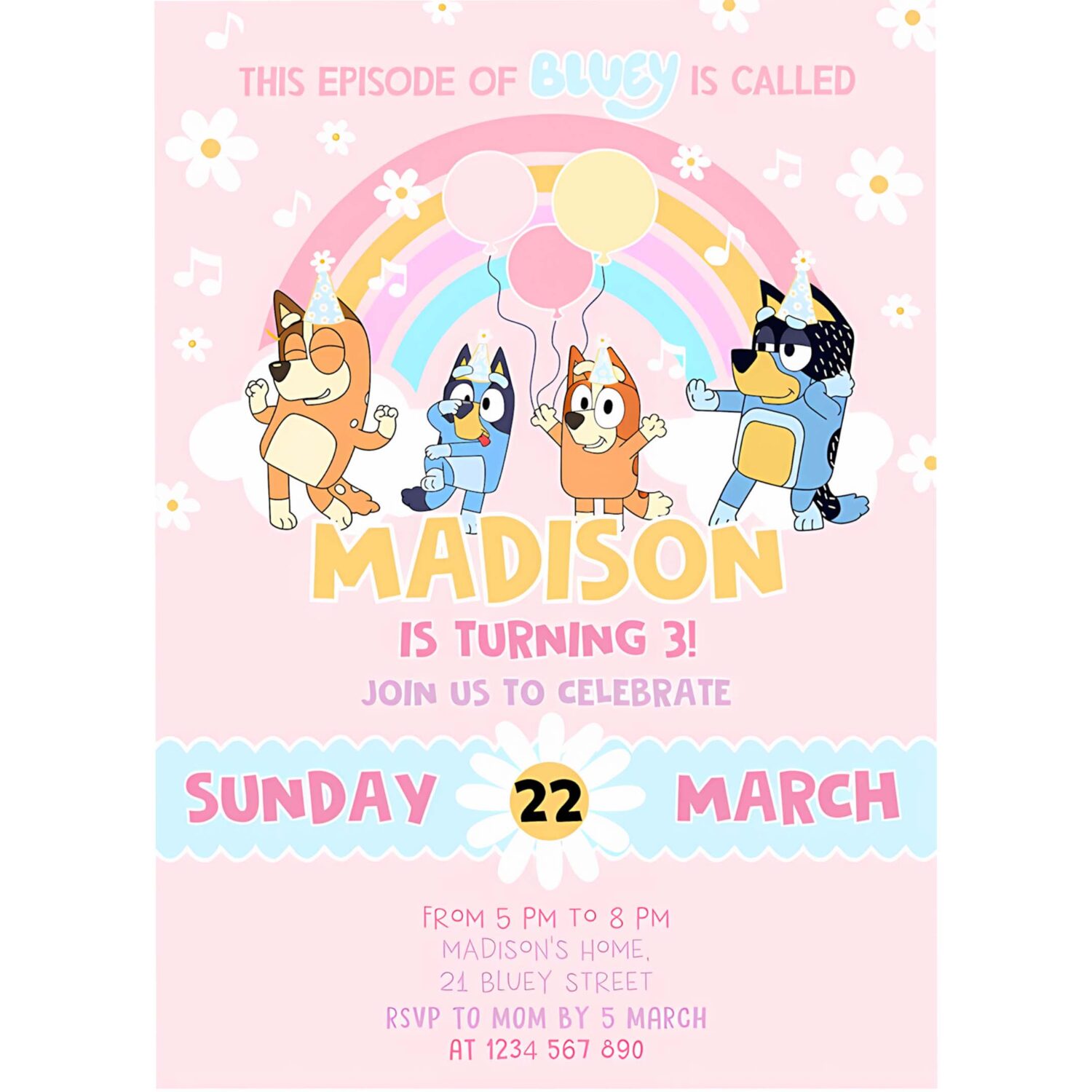 Bluey party invites bluey pink yellow girl 3rd party birthday invitation bluey party invitation 4