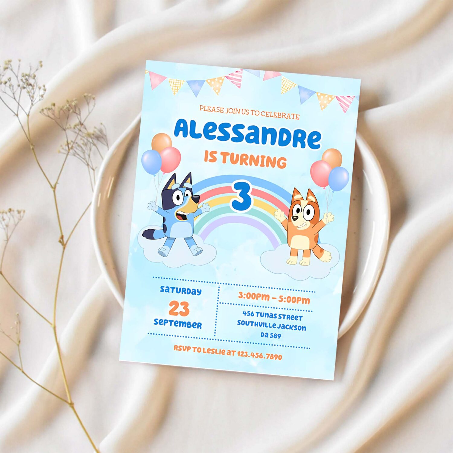 Bluey and bingo blue birthday party invitation b70l 1