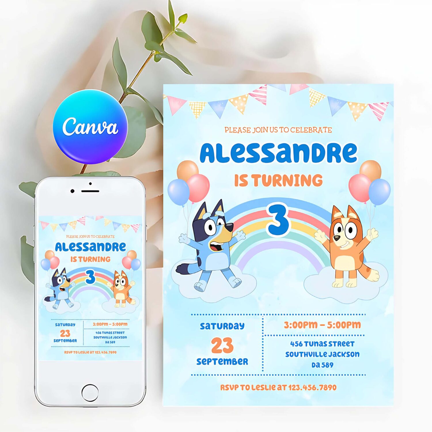 Bluey and bingo blue birthday party invitation b70l