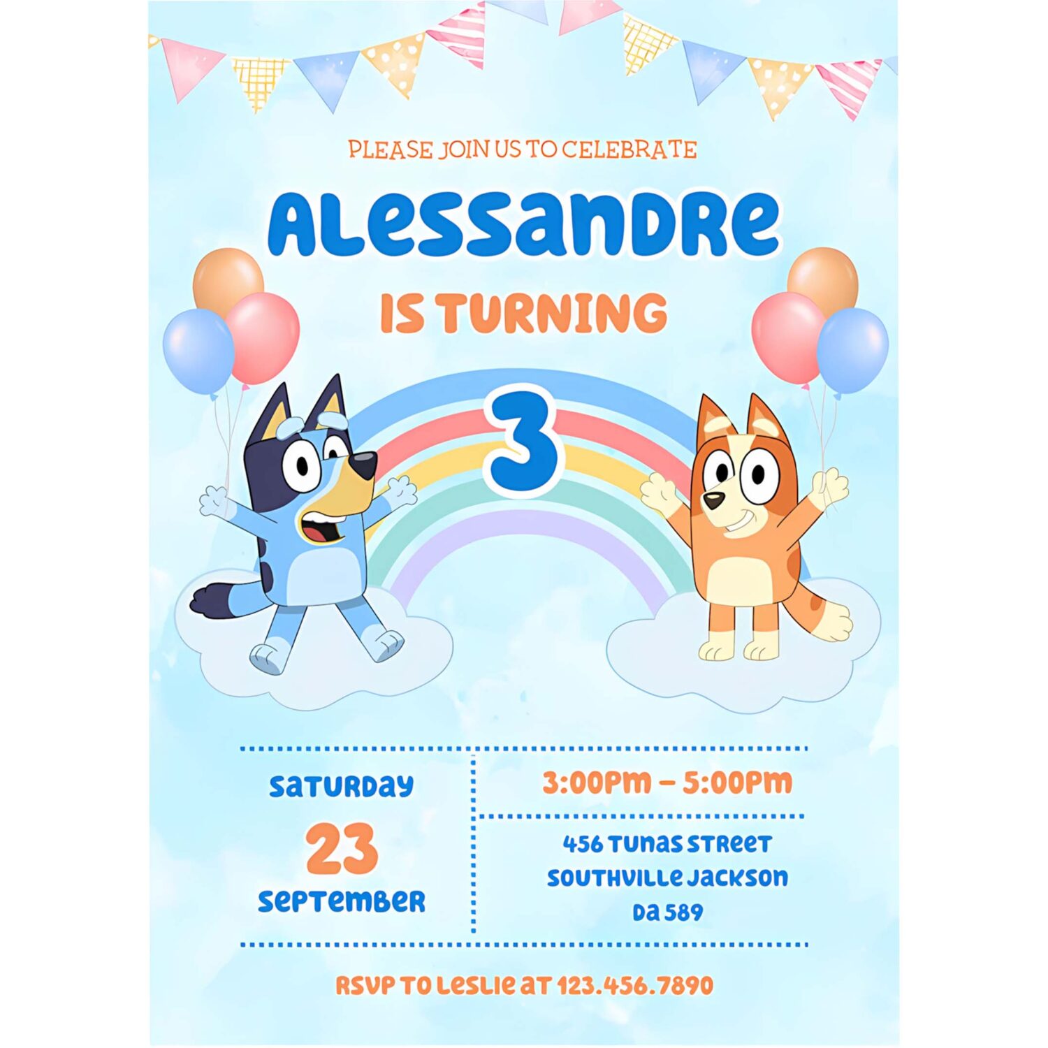 Bluey and bingo blue birthday party invitation b70l 4