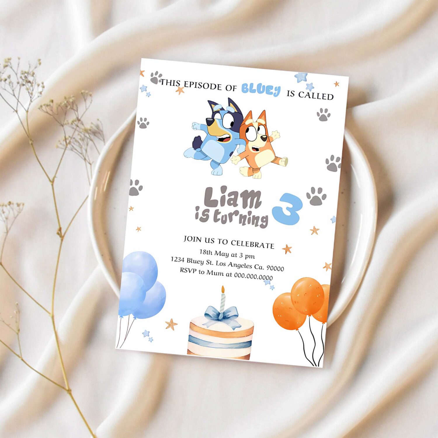 Bluey and bingo bluecake birthday party invitation h58b 1