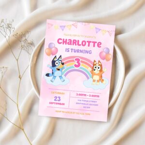 Bluey and bingo pink birthday party invitation e65q 1