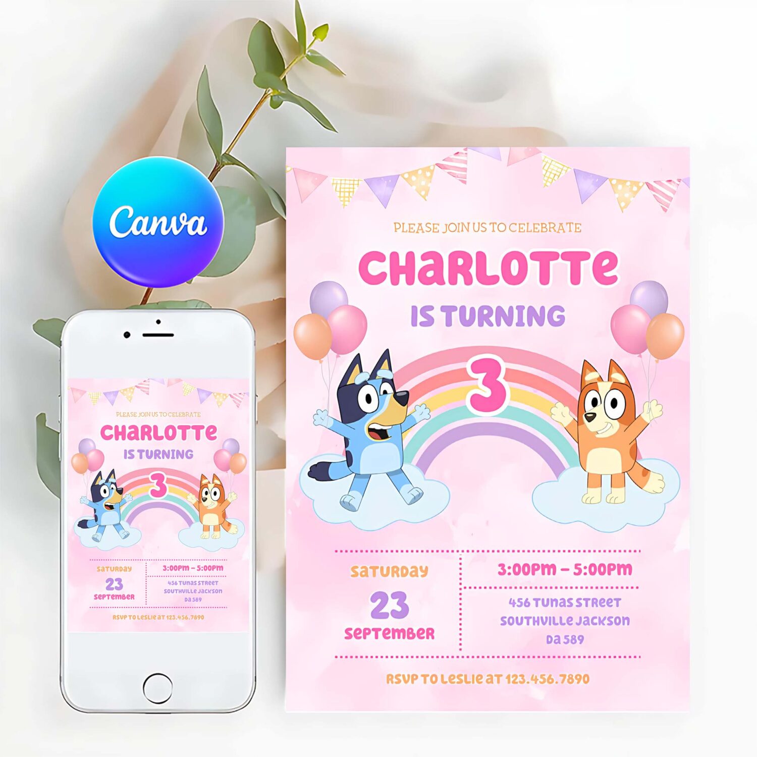 Bluey and bingo pink birthday party invitation e65q