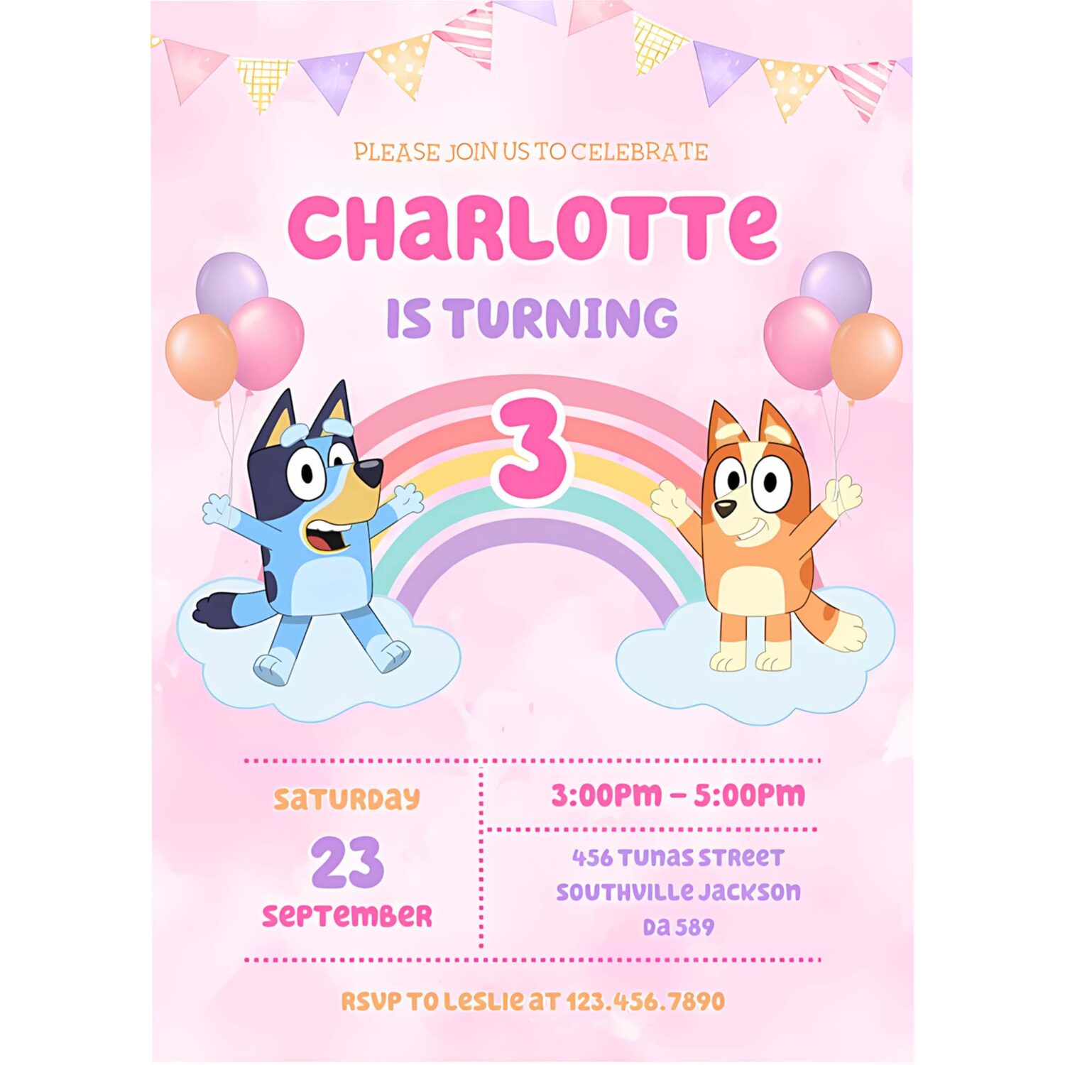 Bluey and bingo pink birthday party invitation e65q 4