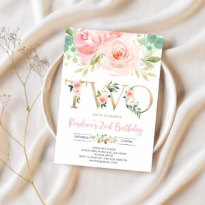 Blush pink floral baby 2nd birthday party invitation baby second birthday invite 1