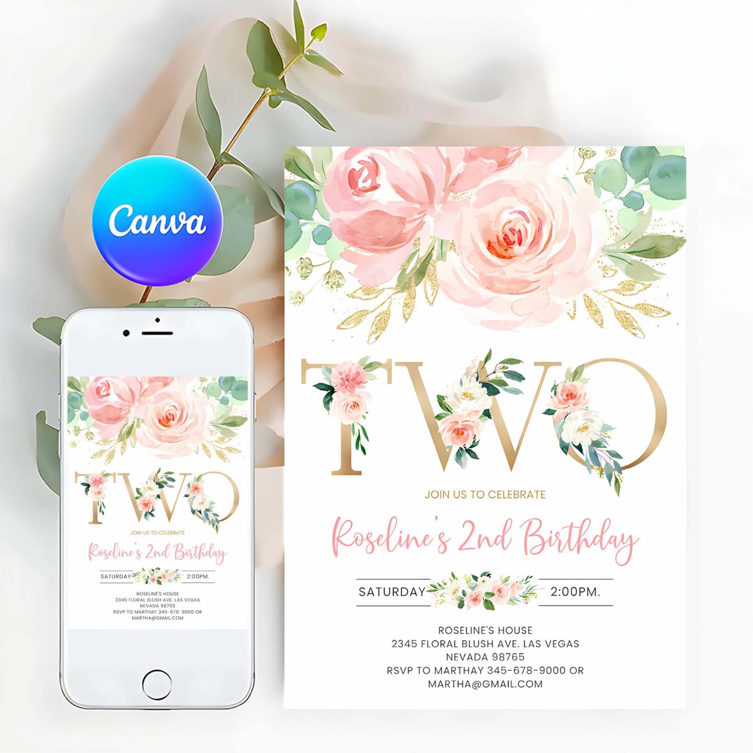 Blush pink floral baby 2nd birthday party invitation baby second birthday invite