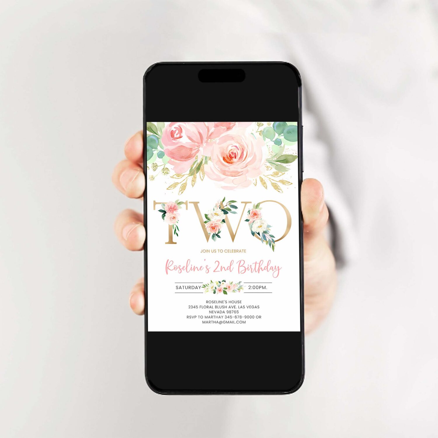 Blush pink floral baby 2nd birthday party invitation baby second birthday invite 2