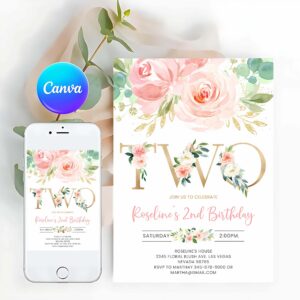 Floral Invitation, Blush Pink Floral Baby 2nd Birthday Party Invitation Baby Second Birthday Invite