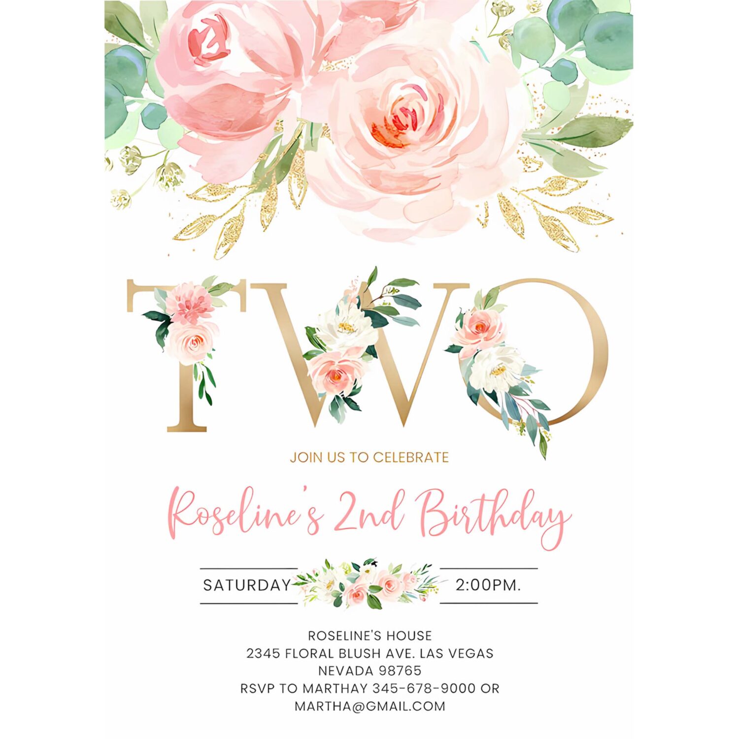 Blush pink floral baby 2nd birthday party invitation baby second birthday invite 4