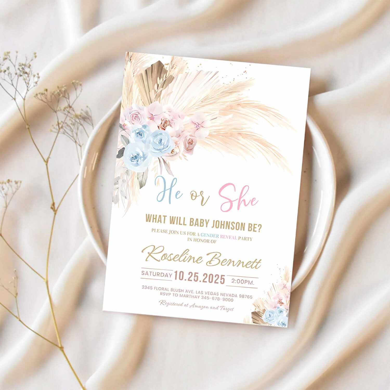 Boho pampas grass baby shower invitation bohemian gender reveal invites tropical desert boy baby shower 1