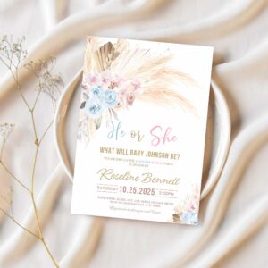 Boho pampas grass baby shower invitation bohemian gender reveal invites tropical desert boy baby shower 1