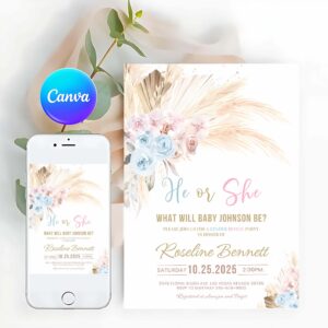 Boho Pampas Invitation, Boho Pampas Grass Baby Shower Invitation Bohemian Gender reveal Invites Tropical Desert Boy Baby Shower