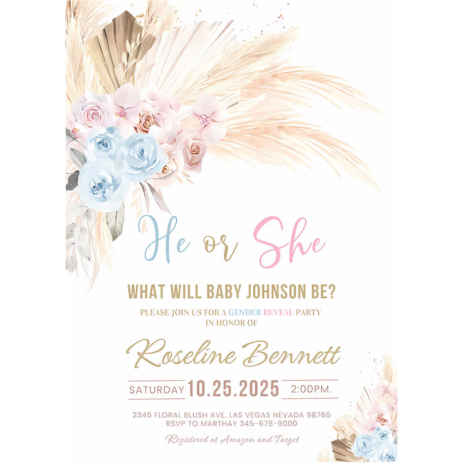 Boho pampas grass baby shower invitation bohemian gender reveal invites tropical desert boy baby shower 4
