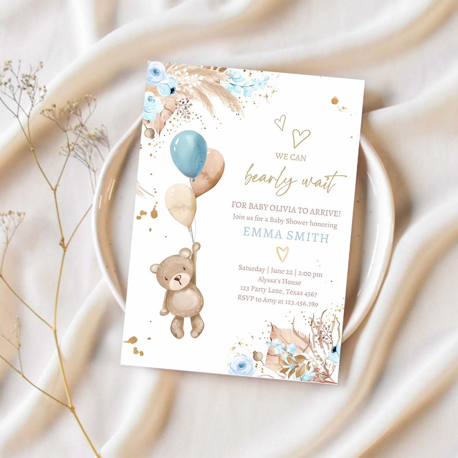 Boho teddy bear baby shower invitation we can bearly wait boy blue bohemian pampas grass 1