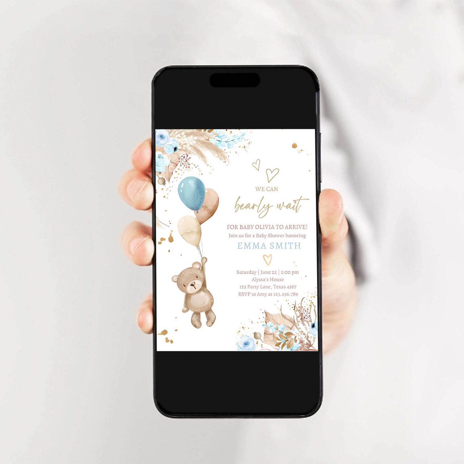 Boho teddy bear baby shower invitation we can bearly wait boy blue bohemian pampas grass 2