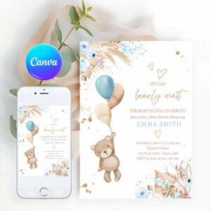 Teddy Bear Invitation, Boho Teddy Bear Baby Shower Invitation, We can Bearly Wait Boy Blue Bohemian Pampas Grass