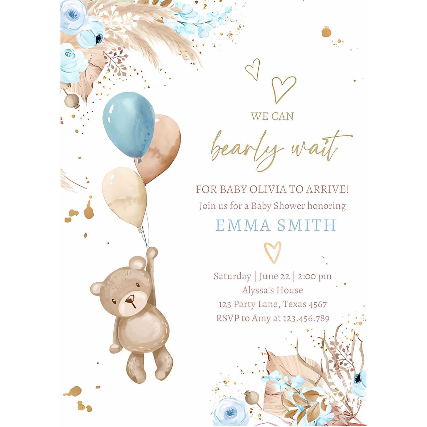 Boho teddy bear baby shower invitation we can bearly wait boy blue bohemian pampas grass 4