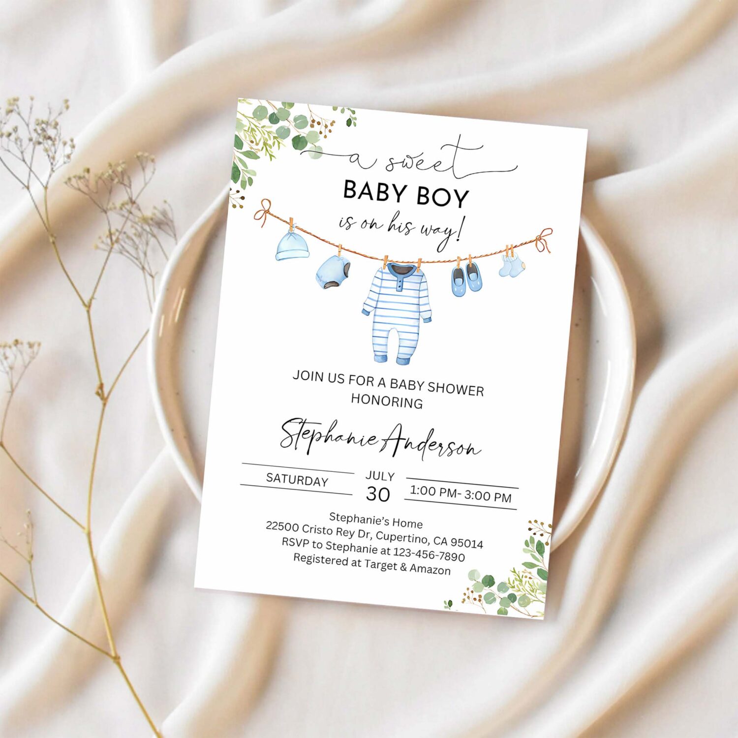 Boy baby shower invitation baby clothes invite a sweet baby boy is on his way laundry blue greenery 1