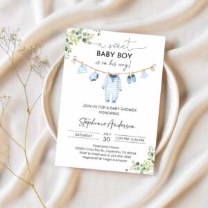 Boy baby shower invitation baby clothes invite a sweet baby boy is on his way laundry blue greenery 1