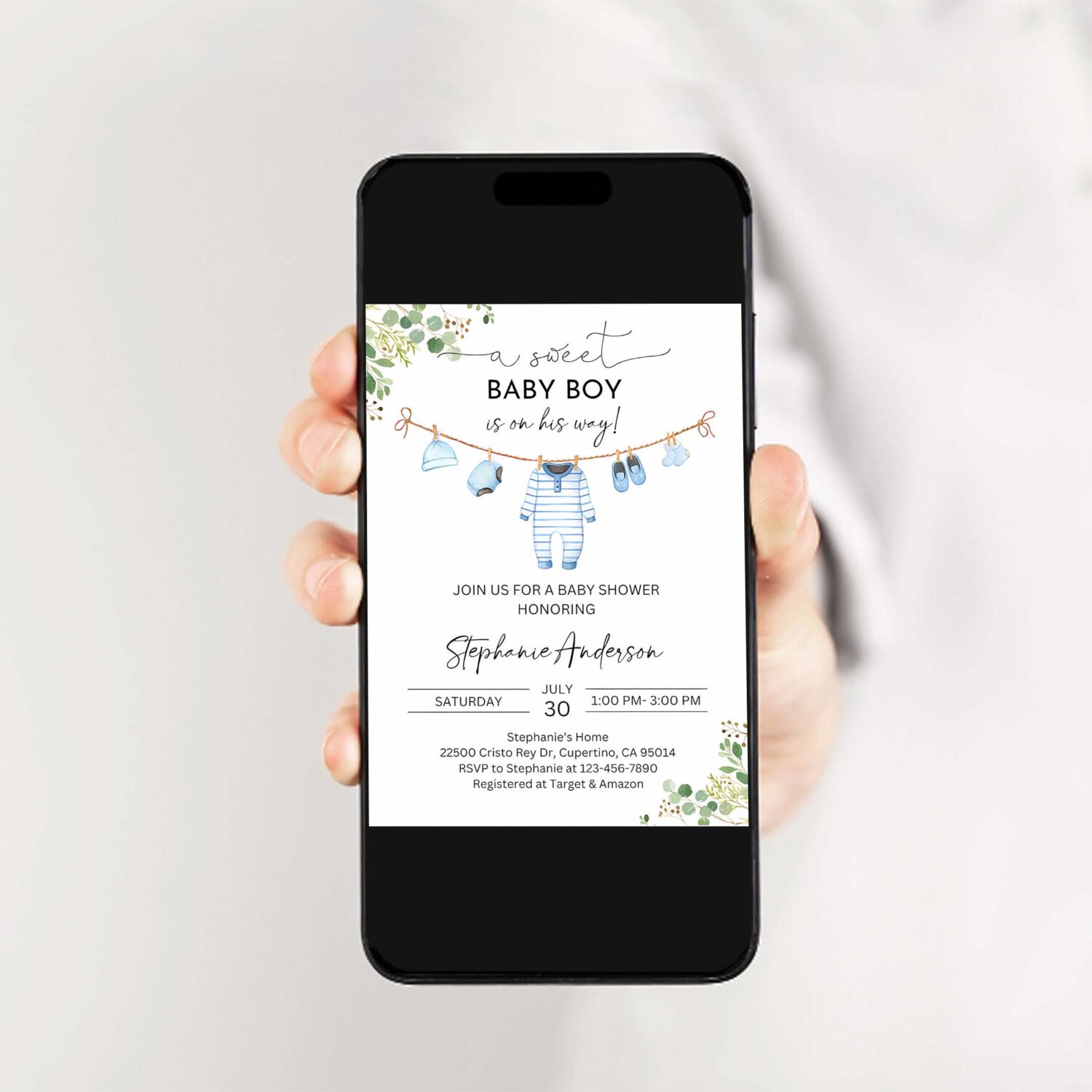 Boy baby shower invitation baby clothes invite a sweet baby boy is on his way laundry blue greenery 2