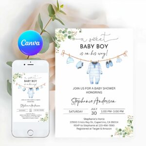 Greenery Invitation, Boy Baby Shower Invitation, Baby Clothes Invite A sweet baby boy is on his way Laundry Blue Greenery