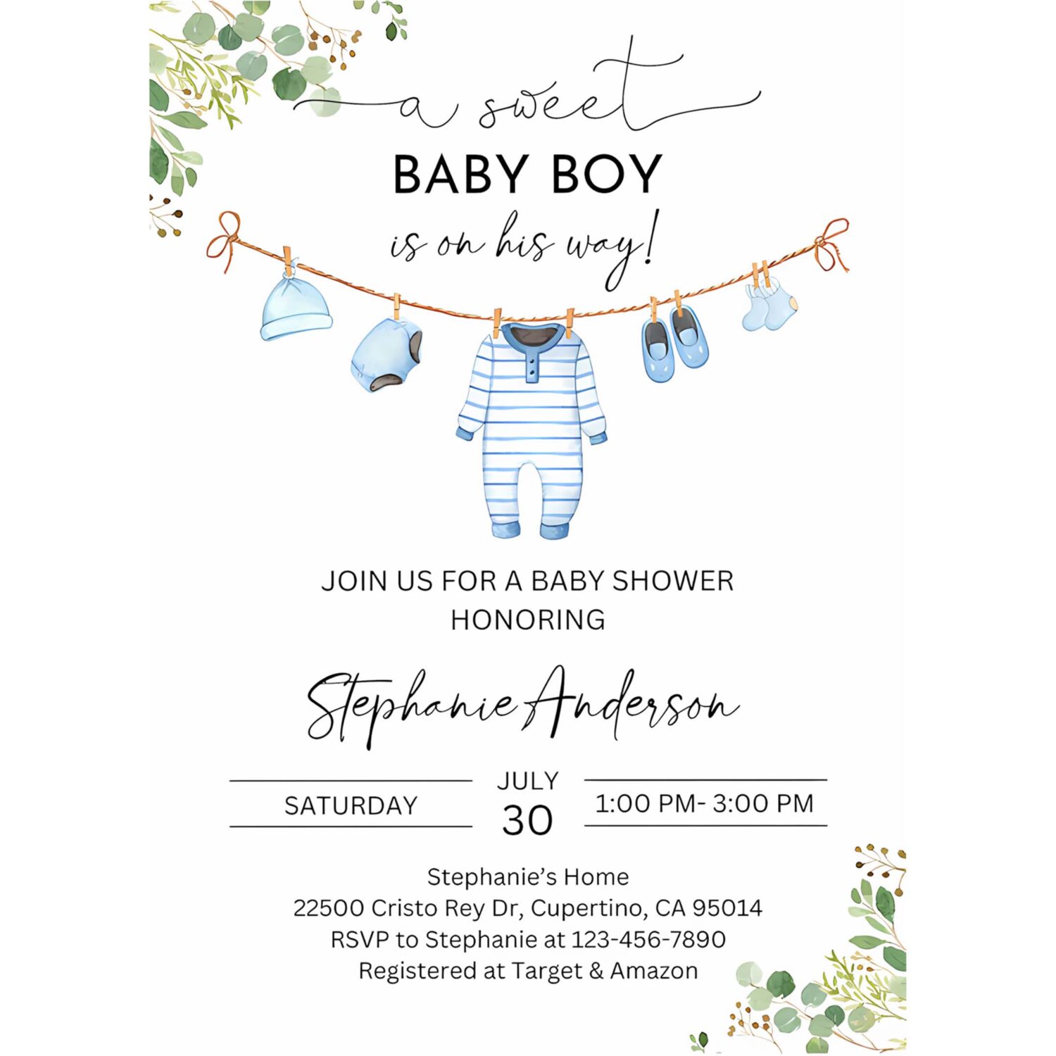 Boy baby shower invitation baby clothes invite a sweet baby boy is on his way laundry blue greenery 4