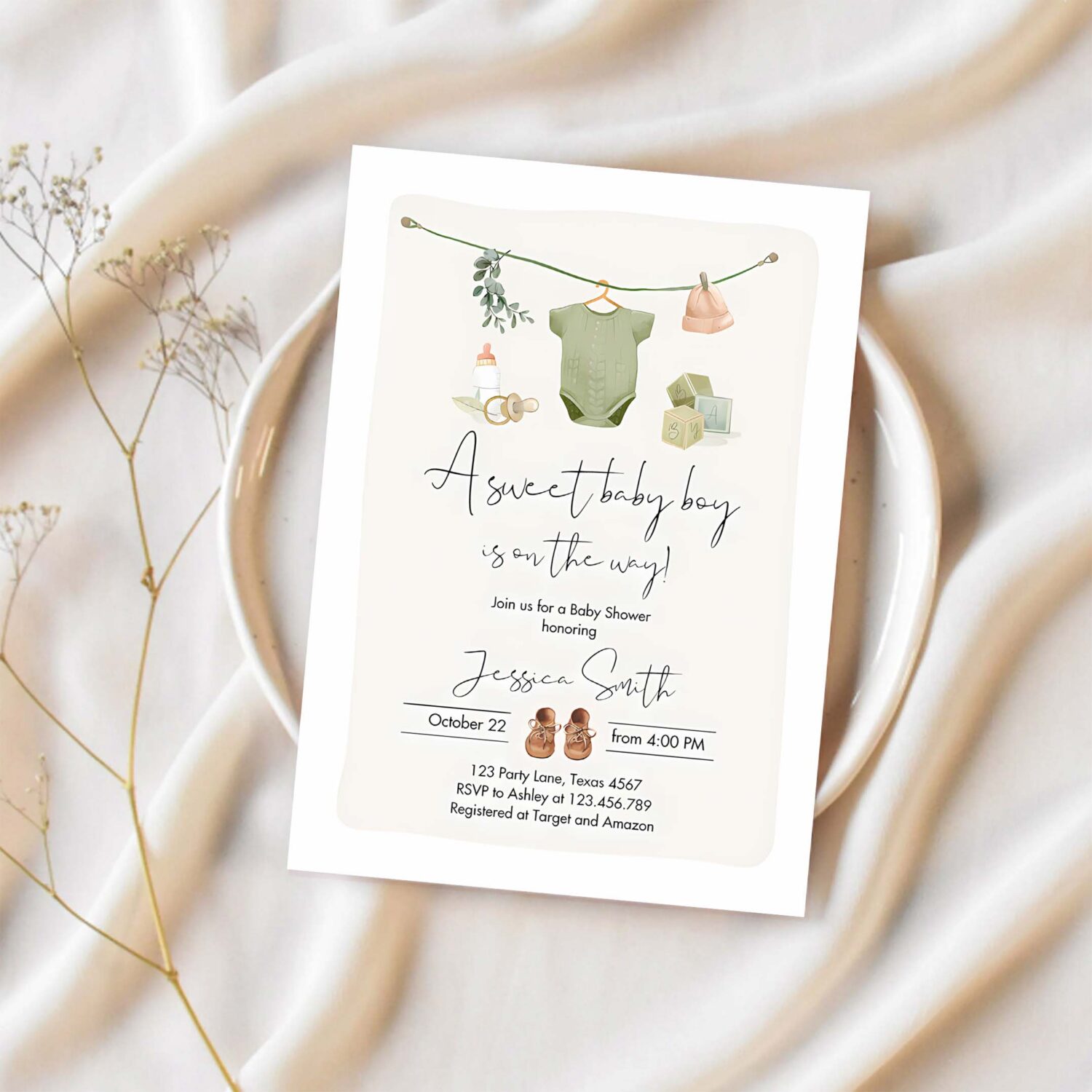 Boy baby shower invitation boho baby shower invitation coed shower baby clothes rustic 1