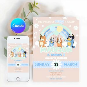 Bluey Invitation, Boy Girl Blue Party Birthday Invitation, Bluey Boy 3rd Party Birthday Invitation, Bluey Party Invitation