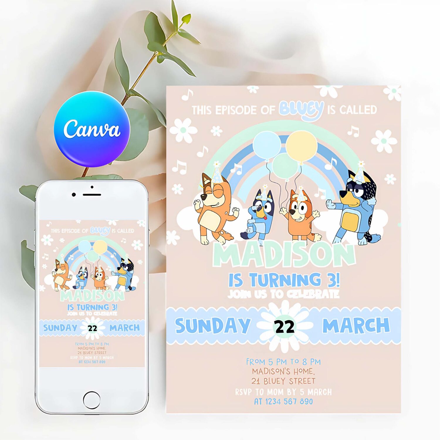 Boy girl blue party birthday invitation bluey pink yellow girl 3rd party birthday invitation bluey party invitation