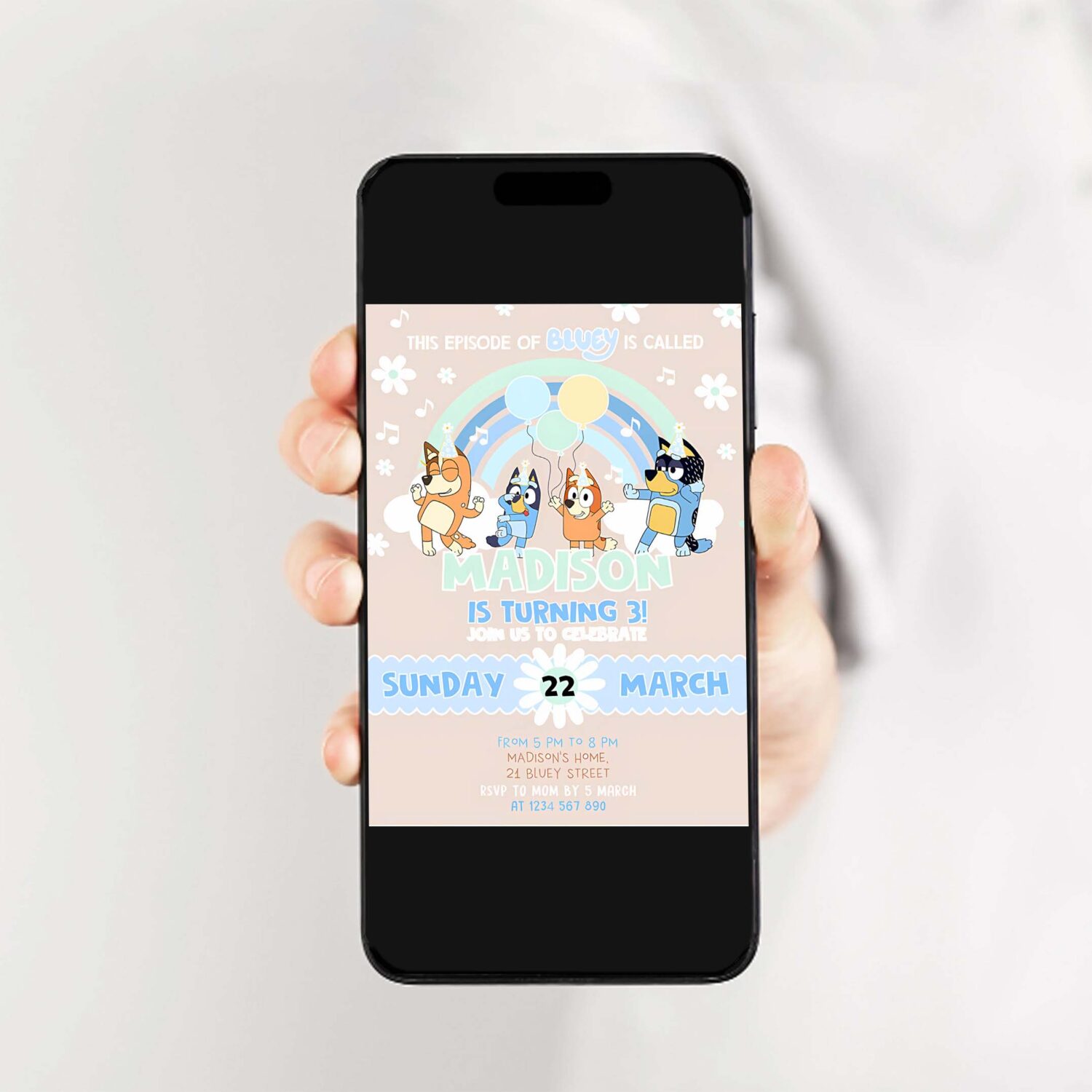 Boy girl blue party birthday invitation bluey pink yellow girl 3rd party birthday invitation bluey party invitation 2