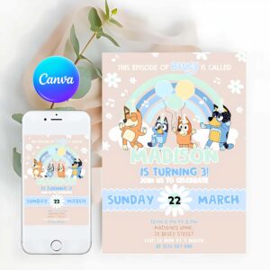Bluey Invitation, Boy Girl Blue Party Birthday Invitation, Bluey Pink Yellow Girl 3rd Party Birthday Invitation, Bluey Party Invitation