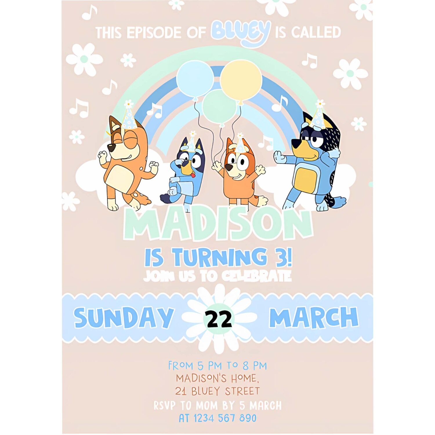 Boy girl blue party birthday invitation bluey pink yellow girl 3rd party birthday invitation bluey party invitation 4