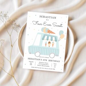Boy ice cream truck four ever sweet 4th birthday invitation a99q 1