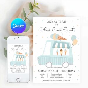 Ice Cream Truck Invitation, Boy Ice Cream Truck Four Ever Sweet 4th Birthday Invitation