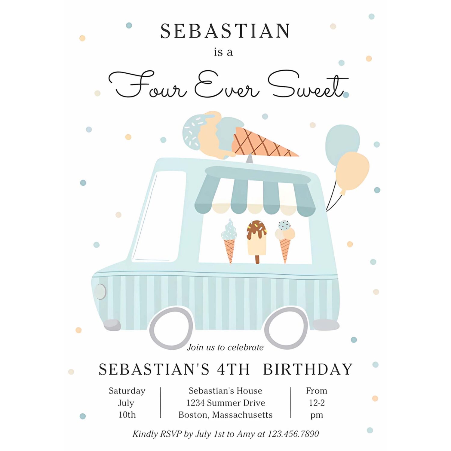 Boy ice cream truck four ever sweet 4th birthday invitation a99q 4