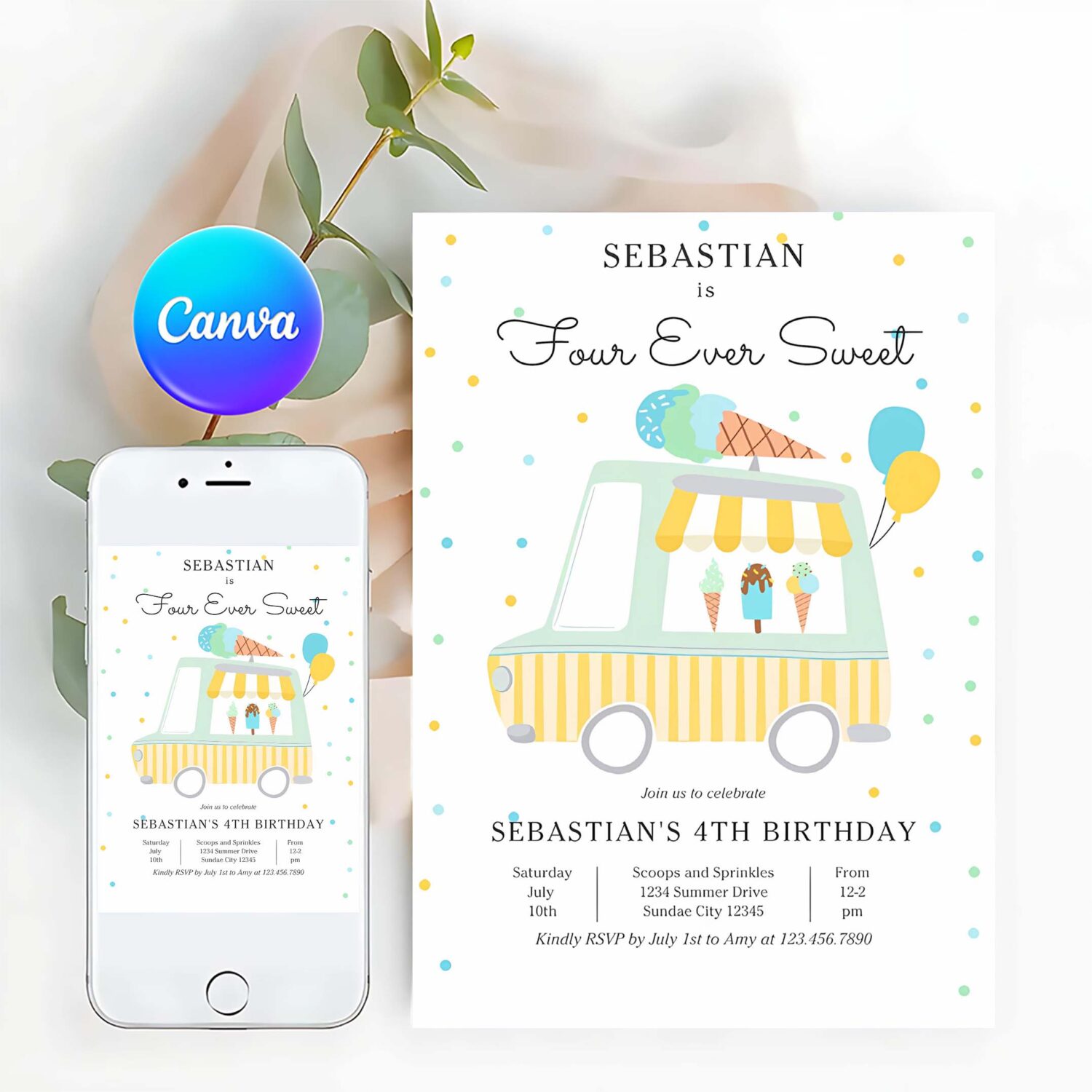 Boy ice cream truck four ever sweet 4th birthday invitation u88s