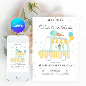 Ice Cream Truck Invitation, Boy Ice Cream Truck Four Ever Sweet 4th Birthday Invitation