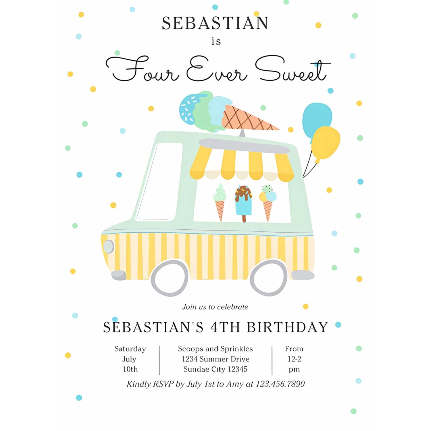 Boy ice cream truck four ever sweet 4th birthday invitation u88s 4