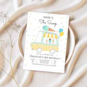 Boy ice cream truck heres the scoop birthday invitation h55b 1