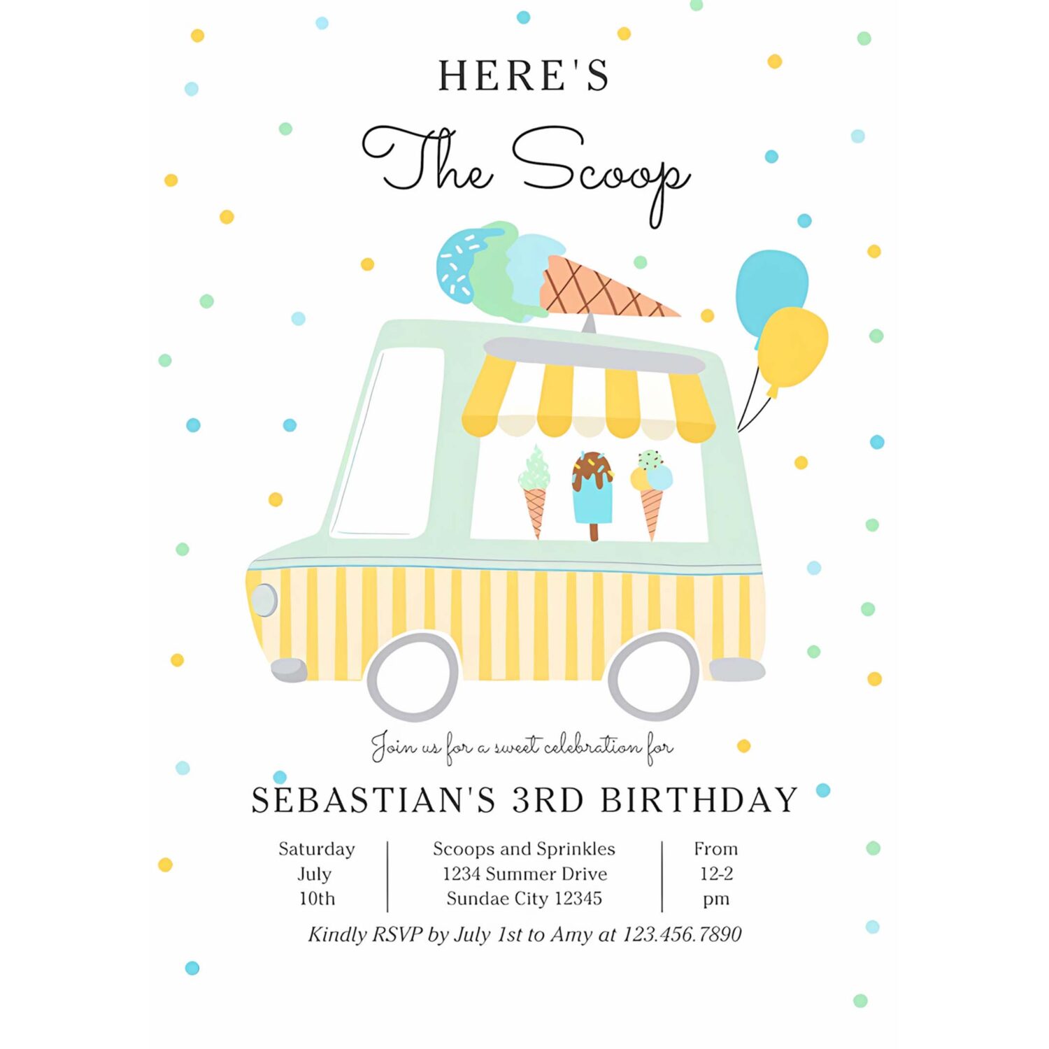 Boy ice cream truck heres the scoop birthday invitation h55b 4