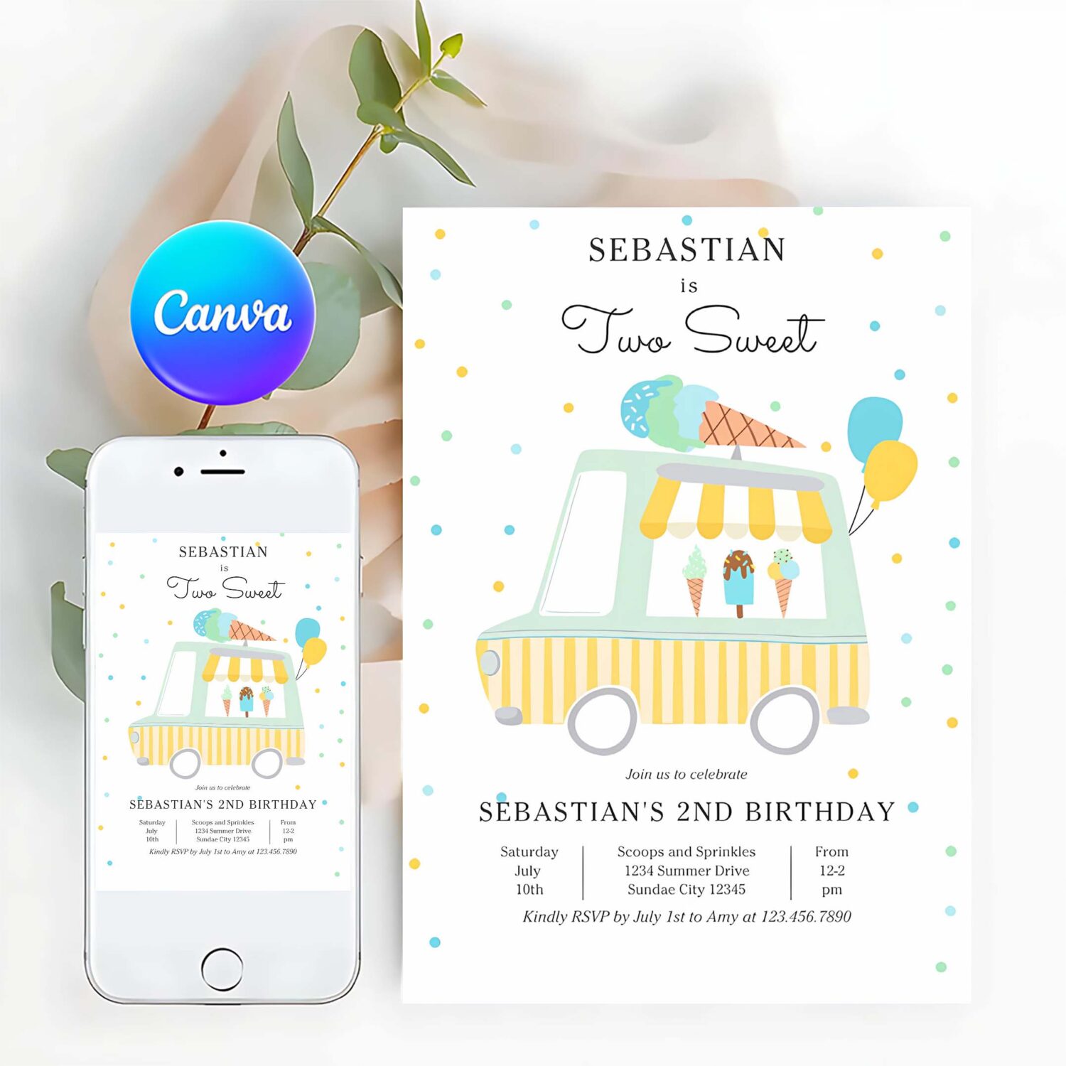 Boy ice cream truck two sweet 2nd birthday party invitation e90y